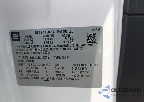 2012 GMC Acadia Denali из США, поврежденный, VIN 1GKKVTED6CJ280212